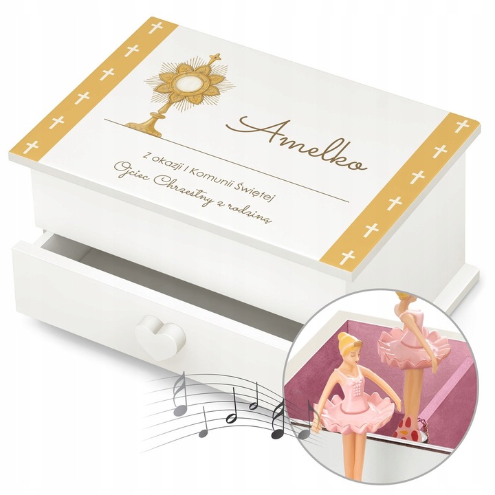 Pamiątka Komunii Świętej Prezent Komunia Szkatułka Pozytywka z Szufladką