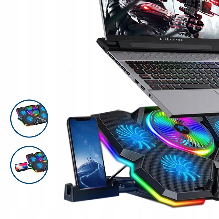PODSTAWKA PODKŁADKA CHŁODZĄCA POD LAPTOPA PODŚWIETLANA + UCHWYT NA TELEFON