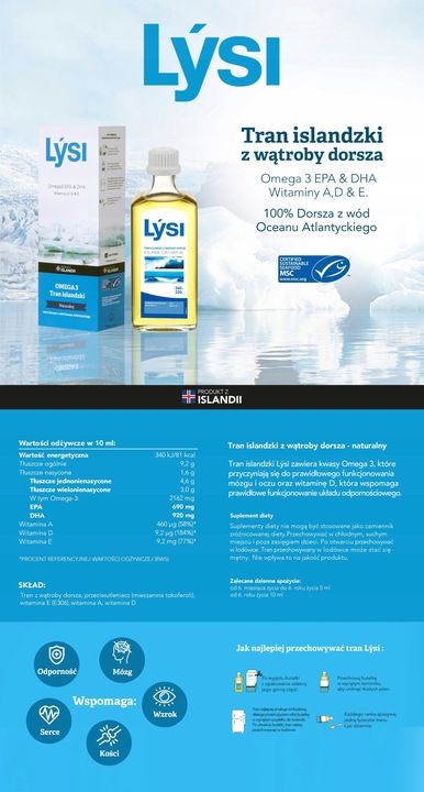 Lysi TRAN ISLANDZKI NATURALNY Omega 3 EPA DHA WITAMINA A D E 240ml