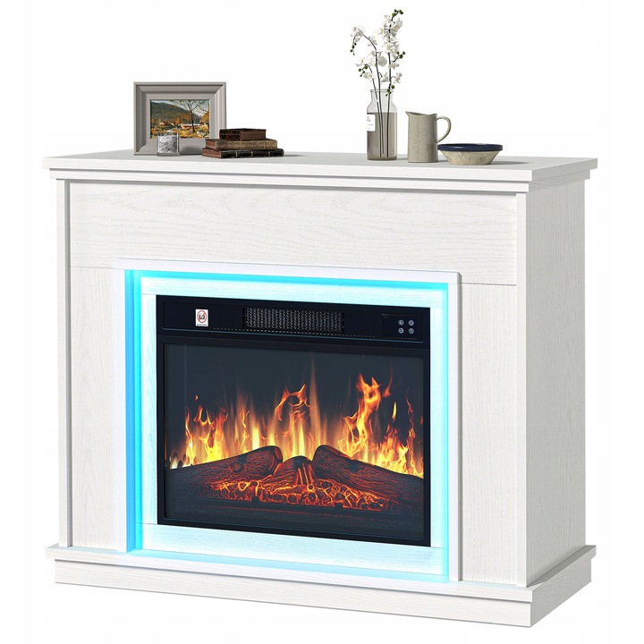 Kominek elektryczny z ogrzewaniem, płomień 3D, luksusowy biały