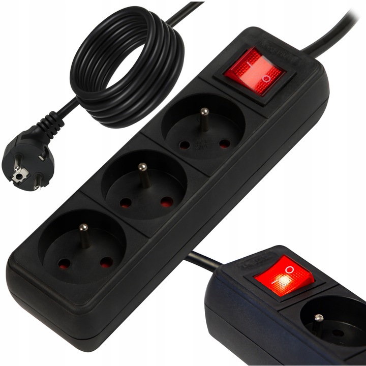 PRZEDŁUŻACZ LISTWA ZASILAJĄCA WŁĄCZNIK 3 GNIAZDA 5M CZARNY UZIEMIENIE