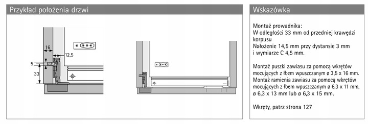 Zawias specjalny - ET582 do zabudowy lodówek z prowadnikiem HETTICH