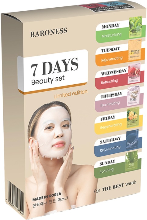 Baroness ZESTAW MASEK w płachcie do TWARZY na 7 dni x 21 g| KOREAŃSKA MASKA