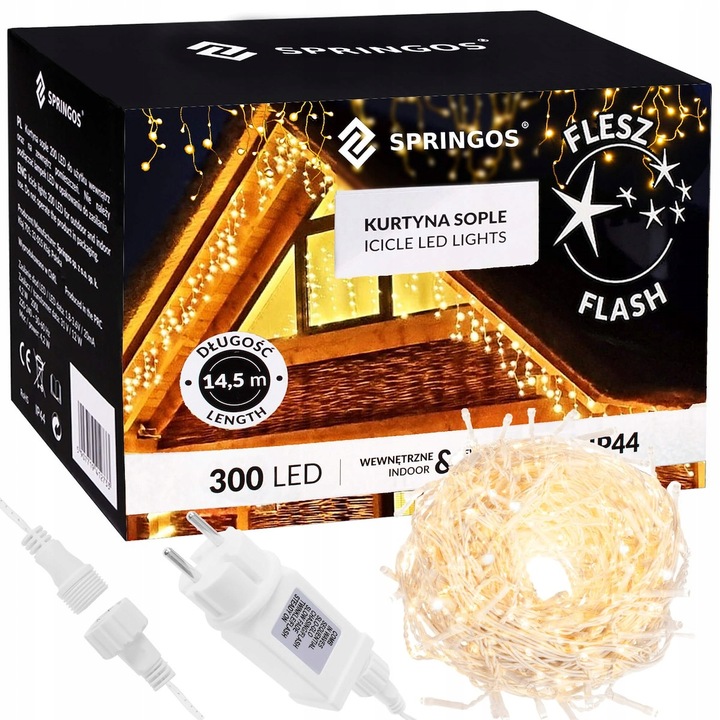 LAMPKI SOPLE CHOINKOWE 300LED KURTYNA ŚWIETLNA FLASH LED ZEWNĘTRZNY TIMER