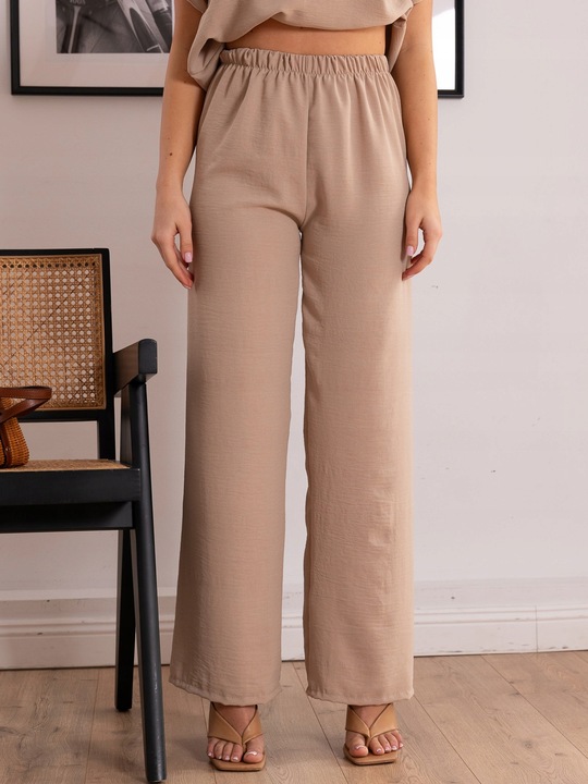 Elegancki Klasyczny KOMPLET Prosta BLUZKA Szerokie SPODNIE Beż