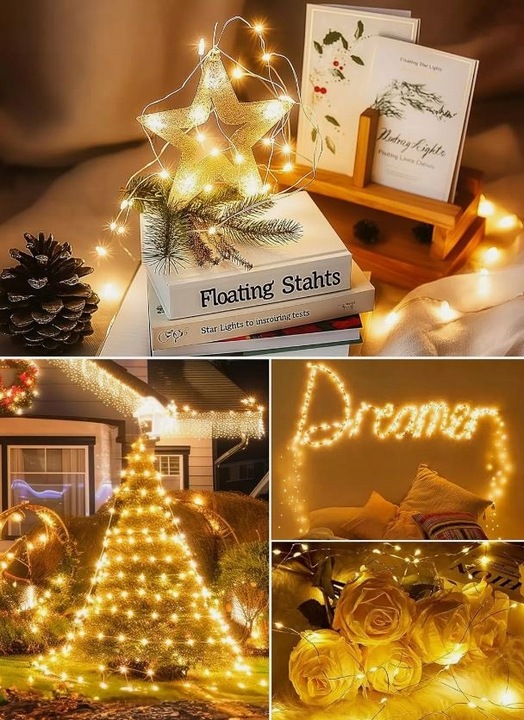 LAMPKI DRUCIKI 200 LED ŚWIATEŁKA CHOINKOWE 20M USB NA PILOTA BIAŁY CIEPŁY