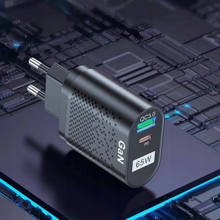 SZYBKA ŁADOWARKA SIECIOWA GaN 65W DO TELEFONU USB-C PD QC MOCNY ZASILACZ