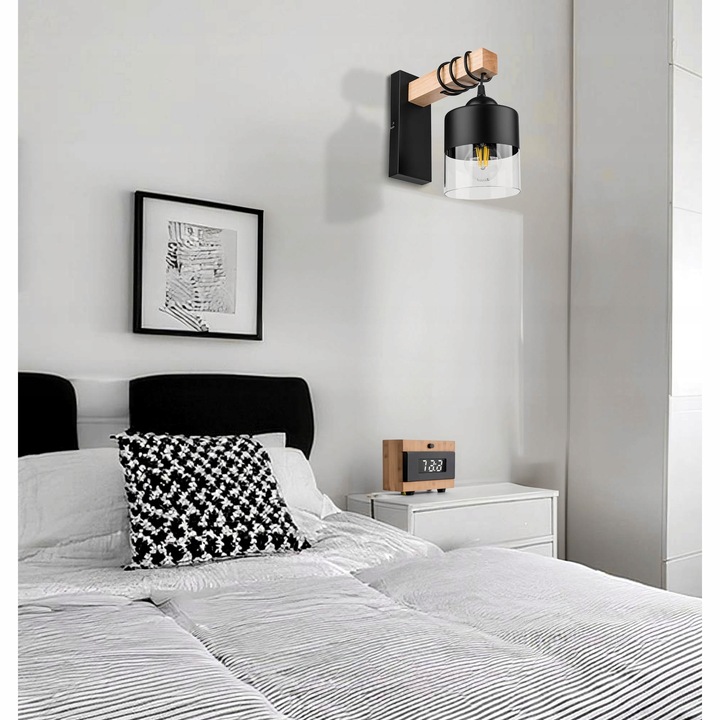 Kinkiet Czarny Lampa Ścienna Nowoczesna Loft Drewniana E27 LEDLUX 60W