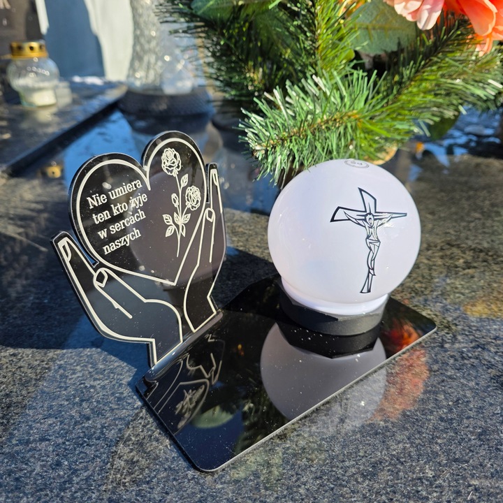 ZNICZ z Kulą Solarną na Grób STATUETKA LED NA CMENTARZ Wieczny Szkło Akryl