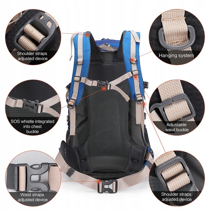 Plecak turystyczny 40l AOKING, niebieski, z miejscem na bukłak