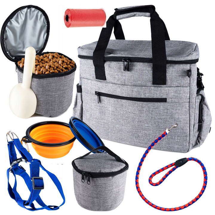 Torba podróżna dla psa miski pojemniki smycz worki