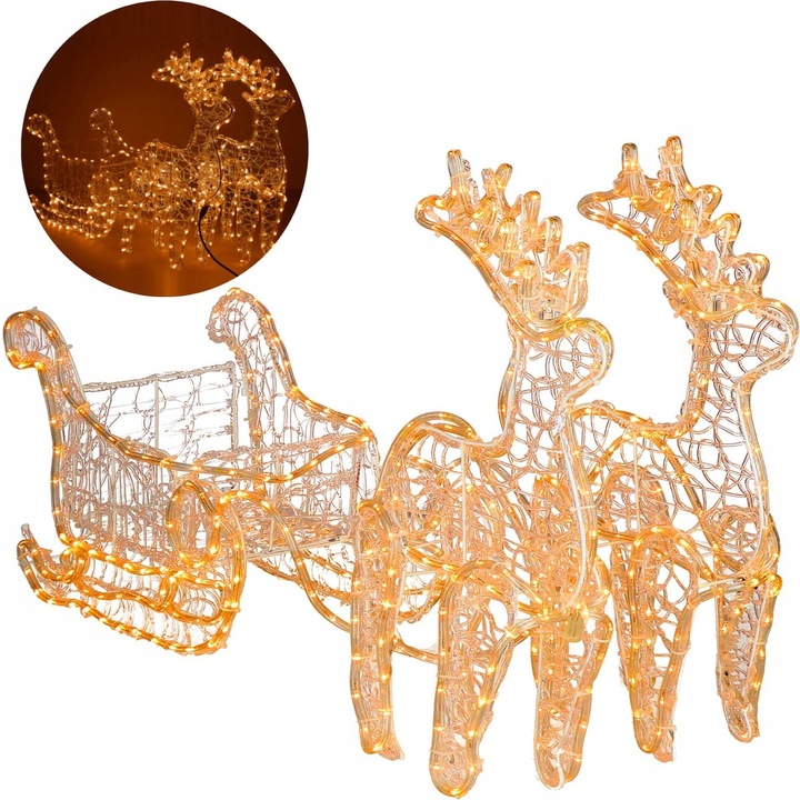 RENIFERY Z SANIAMI ŚWIECĄCE DUŻE 150cm OZDOBA Z GŁOWĄ SANIAMI DEKORACJA XXL