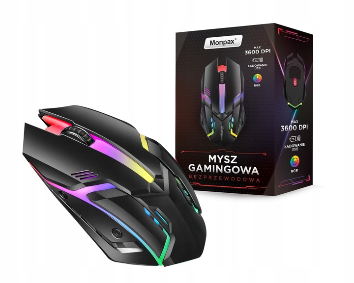 MYSZKA GAMINGOWA MYSZ DLA GRACZY BEZPRZEWODOWA KOMPUTEROWA LED RGB 3600 DPI