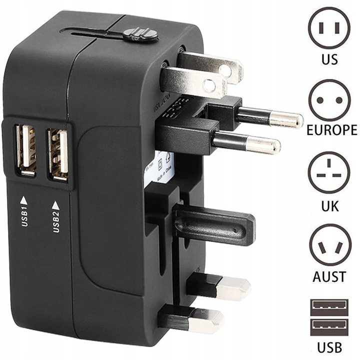 Uniwersalna Przejściówka ADAPTER Gniazda USA UK EU AUST Ładowarka USB