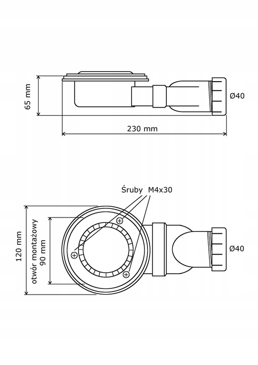 SYFON POZIOMY 90 mm BRODZIKOWY NISKI CZYSZCZONY OD GÓRY ODPŁYW fi 40