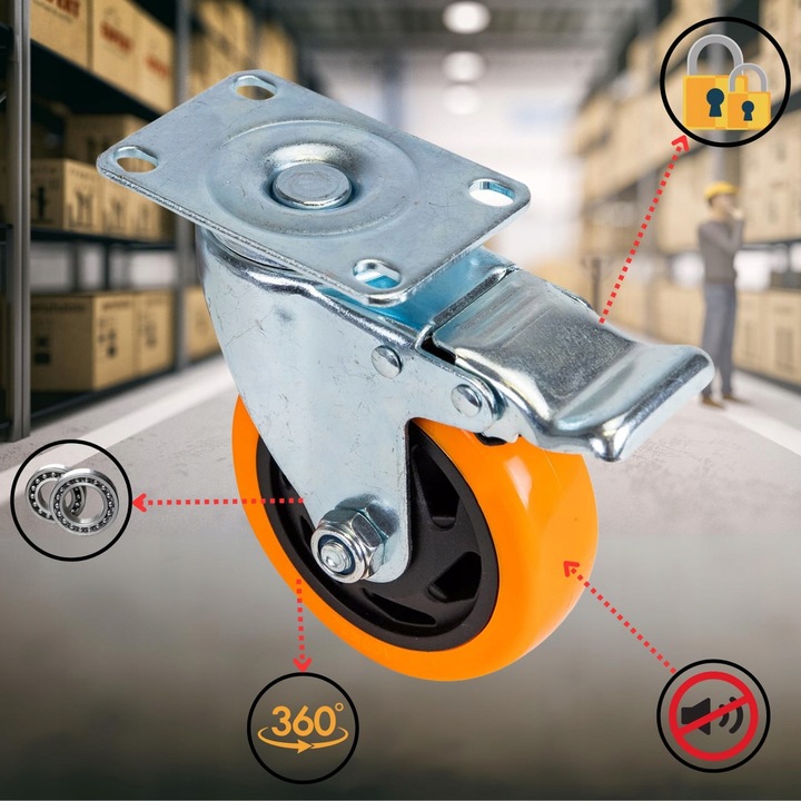 OBROTOWE KÓŁKA PRZEMYSŁOWE Z HAMULCEM DO DUŻYCH OBCIĄŻEŃ 460Kg 100mm