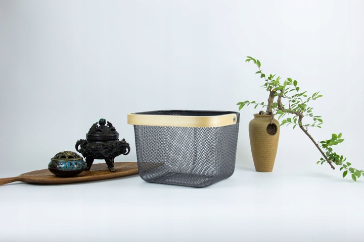 KOSZ OZDOBNY METALOWY KOSZYK Z UCHWYTEM DREWNIANYM NA OWOCE WARZYWA