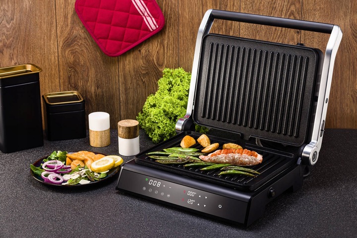 GRILL ELEKTRYCZNY Z REGULACJĄ TEMPERATURY 5 PROGRAMÓW ROZKŁADANY LED