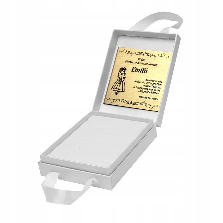 PAMIĄTKA KOMUNII ŚWIĘTEJ / ELEGANCKIE PUDEŁKO PREZENTOWE Z KOKARDĄ + GRAWER