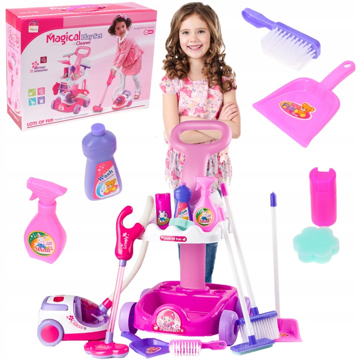 ZESTAW DO SPRZĄTANIA NA WÓZKU Z ODKURZACZEM DŹWIĘK SZCZOTKA MOP DLA DZIECI