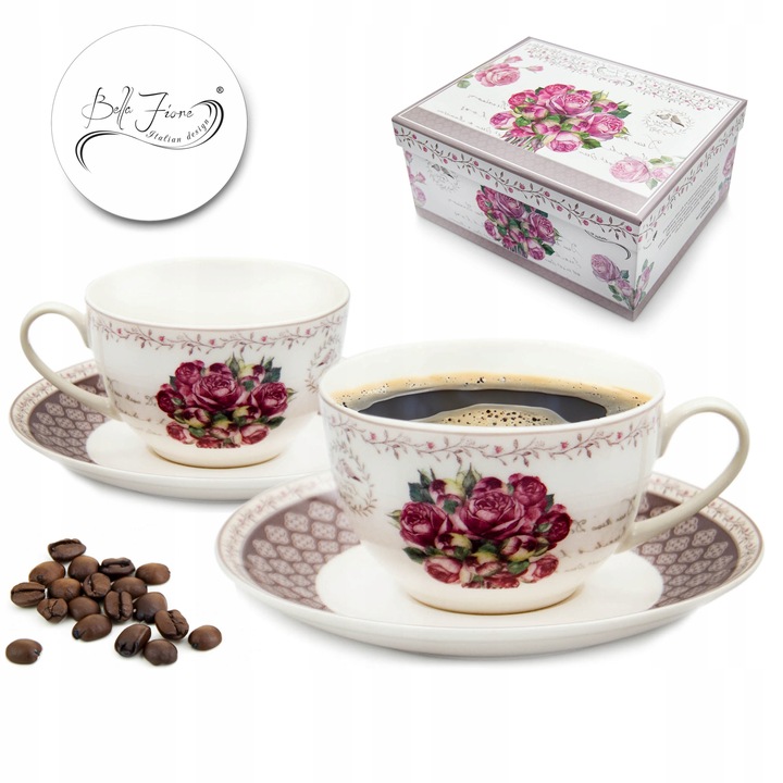KOMPLET filiżanek 270ml ze spodkiem 2+2 BELLA FIORE zestaw kawowy