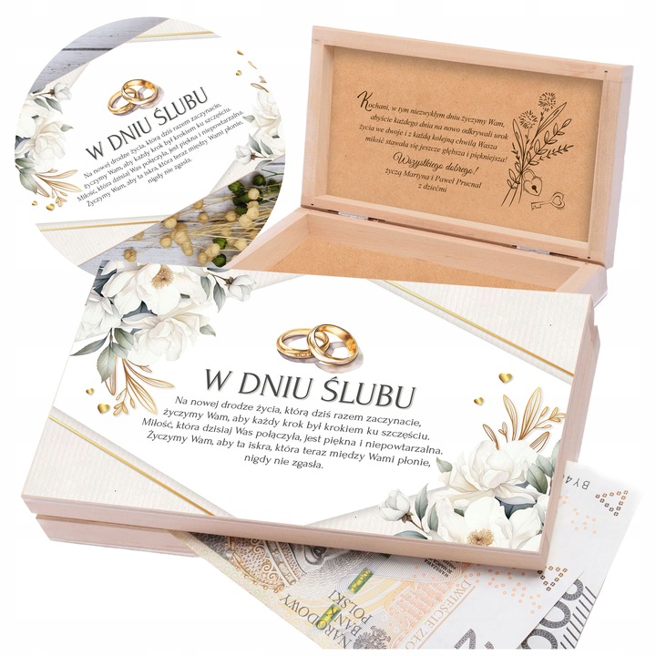 PUDEŁKO NA PIENIĄDZE ŚLUBNE drewniane pudełko z życzeniami na ślub