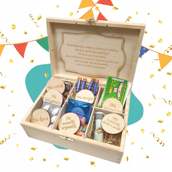 Niezbędnik Skrzynka PREZENT Urodziny BOX 18 30 40 80 pudełko urodzinowe