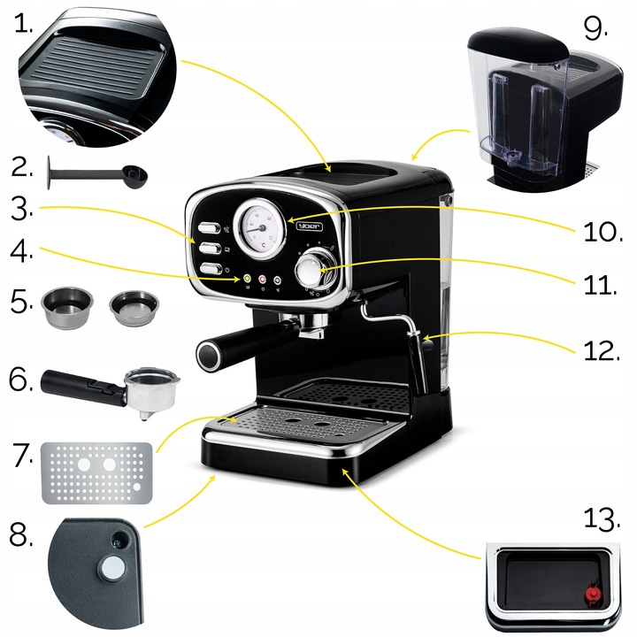 Ekspres do kawy Ciśnieniowy Kolbowy Yoer 1100W 20bar 10kaw +Spieniacz