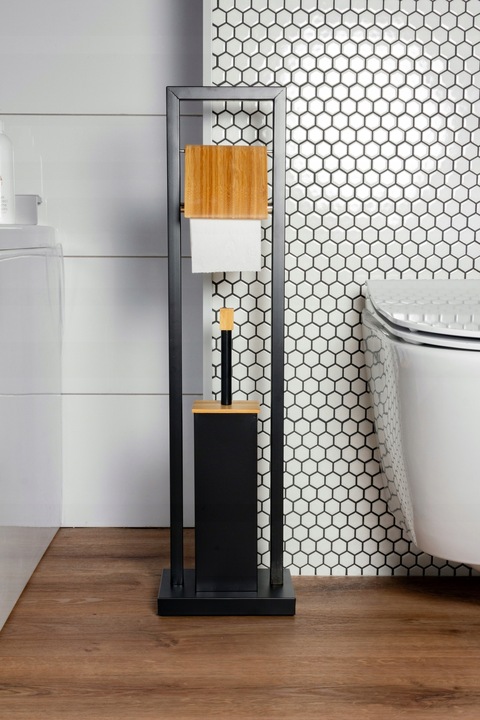 STOJAK NA PAPIER TOALETOWY + SZCZOTKA DO WC METAL / BAMBUS 2w1 CZARNY