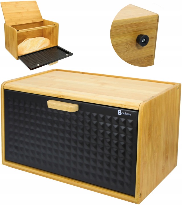 CHLEBAK POJEMNIK NA PIECZYWO BAMBUSOWY DUŻY 2w1 CZARNY DREWNO