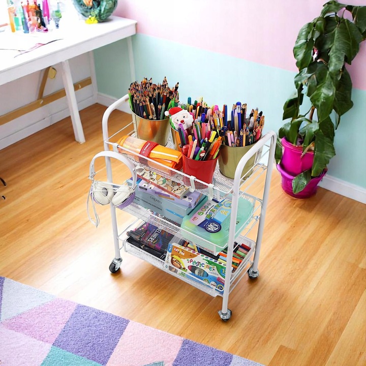 Metalowy wózek wielofunkcyjny 3-poziomowy z kółkami biały regał szafka