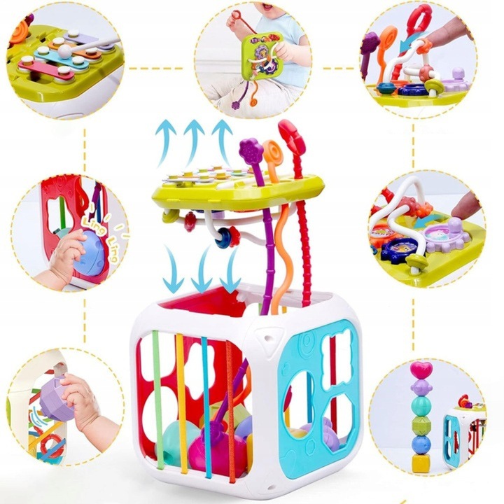 INTERAKTYWNA KOSTKA EDUKACYJNA DLA NIEMOWLĄT SORTER KLOCKI CYMBAŁKI 7w1 PL