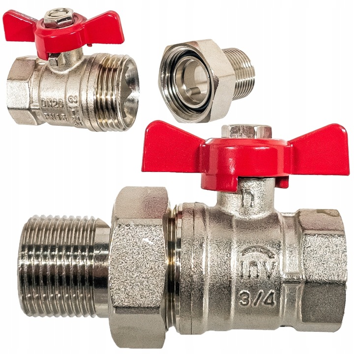 ZAWÓR KUREK KULOWY GW 3/4'' CALA DN20 ZE ŚRUBUNKIEM I DŁAWICĄ MOTYLEK