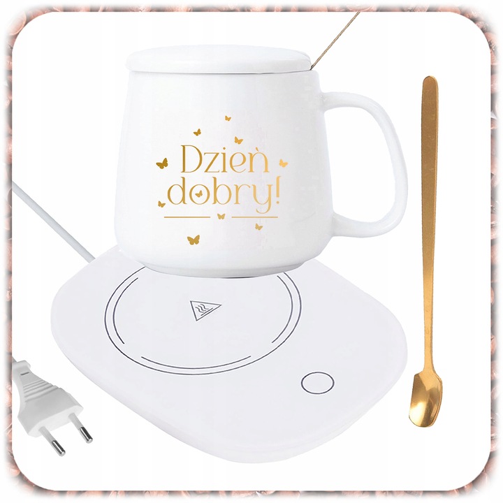 ZESTAW PREZENTOWY PODGRZEWACZ KABEL KUBEK POKRYWKA ŁYŻECZKA DO KAWY