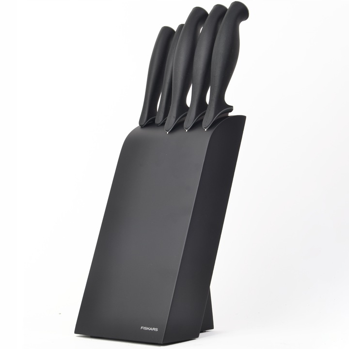 FISKARS ZESTAW KOMPLET 5 NOŻY NÓŻ SZEFA CZARNY BLOK DREWNO OSTRE STAL