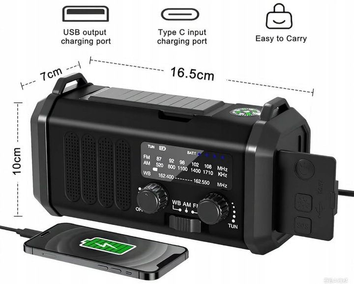PRZENOŚNE RADIO SOLARNE KORBKA ALARM DYNAMO AWARYJNE LATARKA 10000mAh