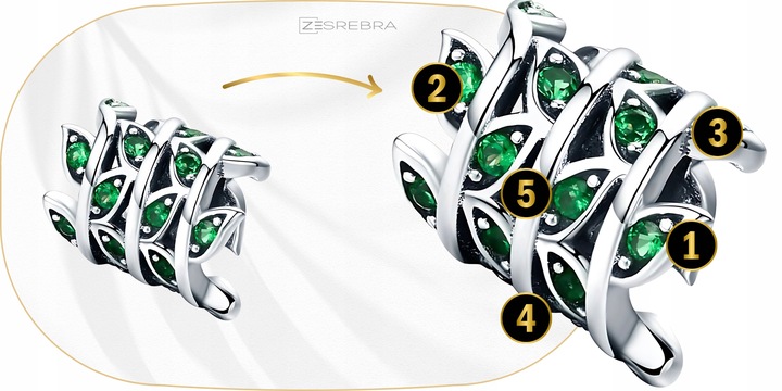 CHARMS ZIELONE LISTKI srebro 925 pnącze srebrne koralik zawieszka liście