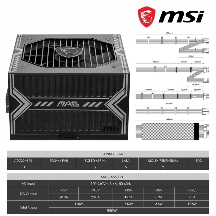ZASILACZ MSI MAG A550BNL 550W 80 PLUS BRONZE