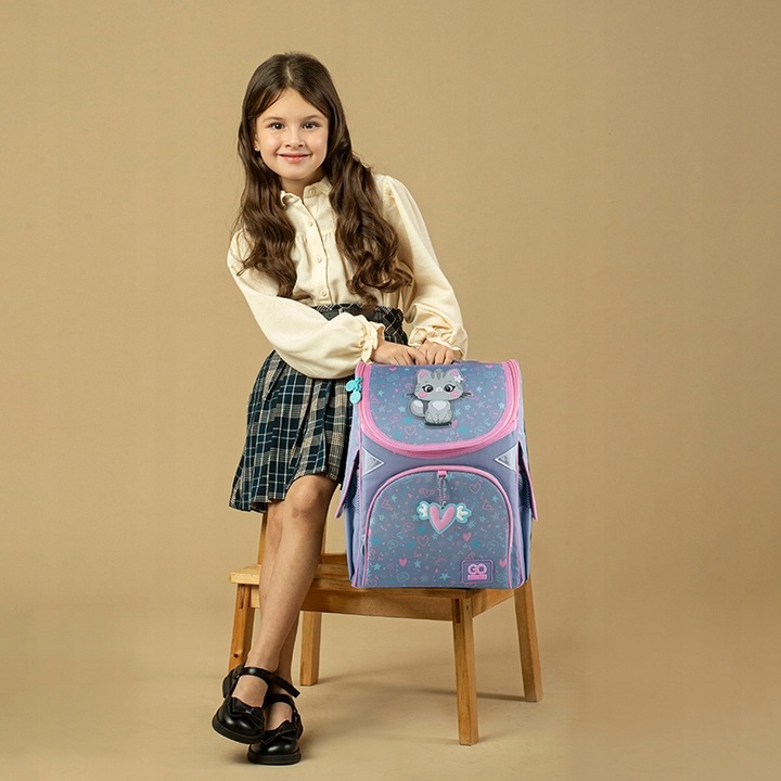 TORNISTER SZKOLNY PLECAK DLA DZIEWCZYNEK SZARY Z KOTKIEM GoPack