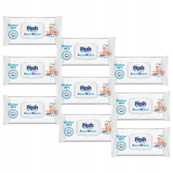 9x AQUA WIPES Nawilżane Chusteczki dla Dzieci Mokre 99% Pure Water 60 szt