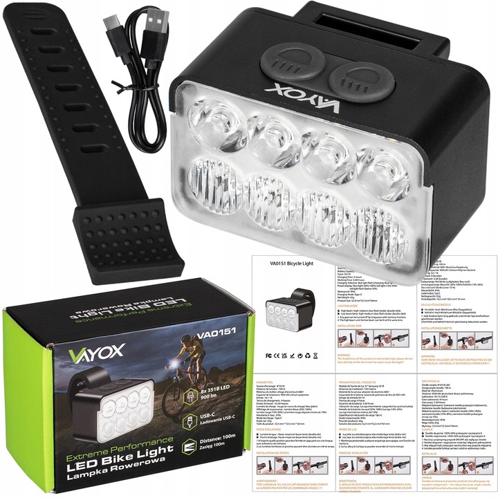 LAMPKA ROWEROWA PRZÓD 8xLED MOCNA JASNA 900LM OŚWIETLENIE ROWER USB-C VAYOX