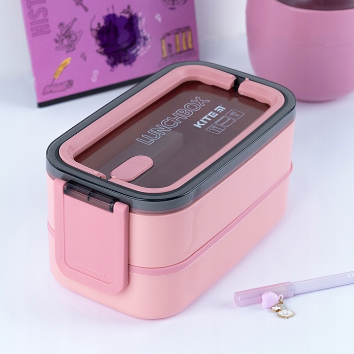 LUNCHBOX ŚNIADANIÓWKA ZE STUCĆAMI WKŁADY 2 KOMORY 1400ml RÓŻOWY KITE