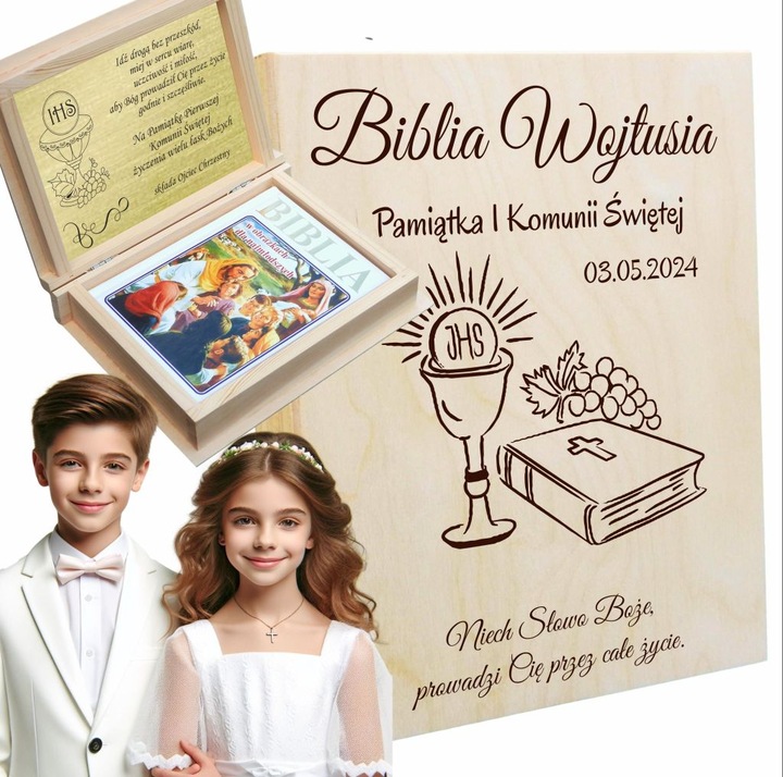 BIBLIA NA KOMUNIĘ PAMIĄTKA PIERWSZEKJ KOMUNII Z GRAWEREM PIĘKNY PREZENT