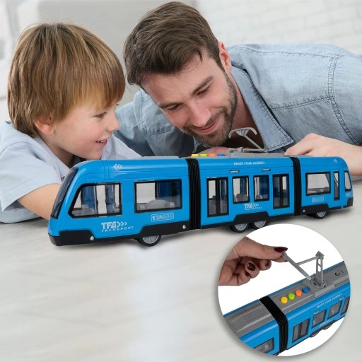 TRAMWAJ TROLEJBUS ZABAWKA NA BATERIĘ ŚWIATŁO DŹWIĘK OTWIERANE DRZWI 44CM