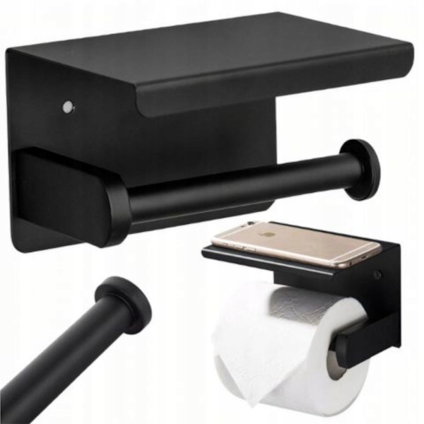 UCHWYT NA PAPIER TOALETOWY Z PÓŁKĄ CZARNY WIESZAK STALOWY ŁAZIENKA DOM WC
