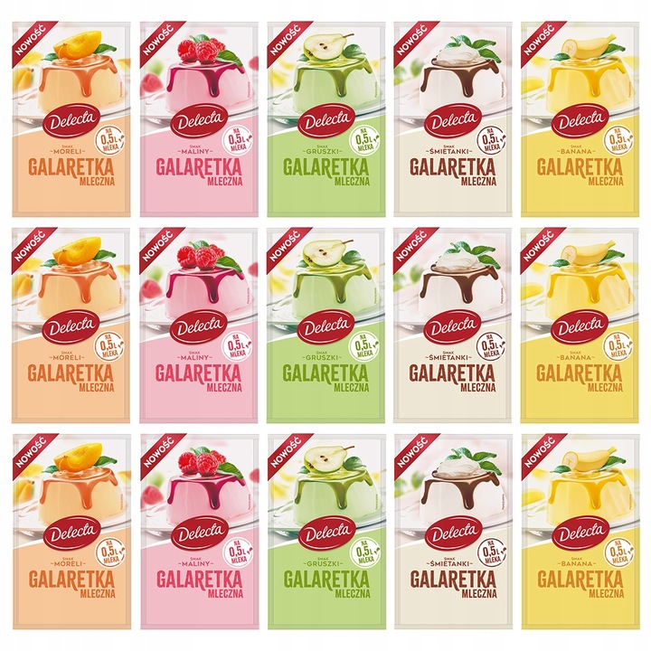 Galaretka mleczna Delecta banan, gruszka, morela, malina, śmietanka