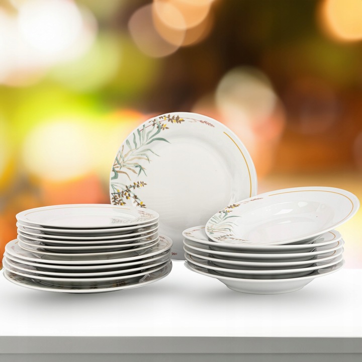 SERWIS OBIADOWY PORCELANOWY ZESTAW TALERZY BIAŁY NA 6 OSÓB WZÓR TRAWA
