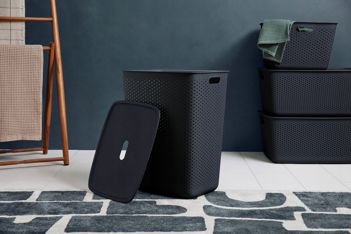 DUŻY KOSZ NA PRANIE BIELIZNĘ Z POKRYWĄ POJEMNY 60L CZARNY ELEGANCKI