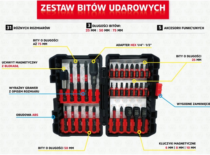 Zestaw utwardzanych bitów udarowych do wkrętarek 1/4 31el. AKU TOOLS