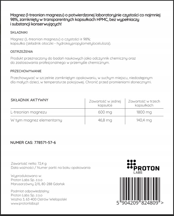 PROTON LABS L-treonian Magnezu 600mg 100 kapsułek Czysty Treonian Threonate